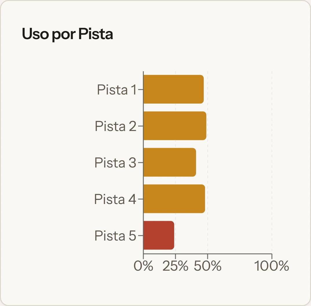 Analíticas de los últimos 30 días: ocupación por pista, horas punta y cobros.